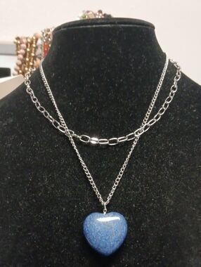 Layered Silver Necklace with Blue Heart Pendant - Women Jewelry